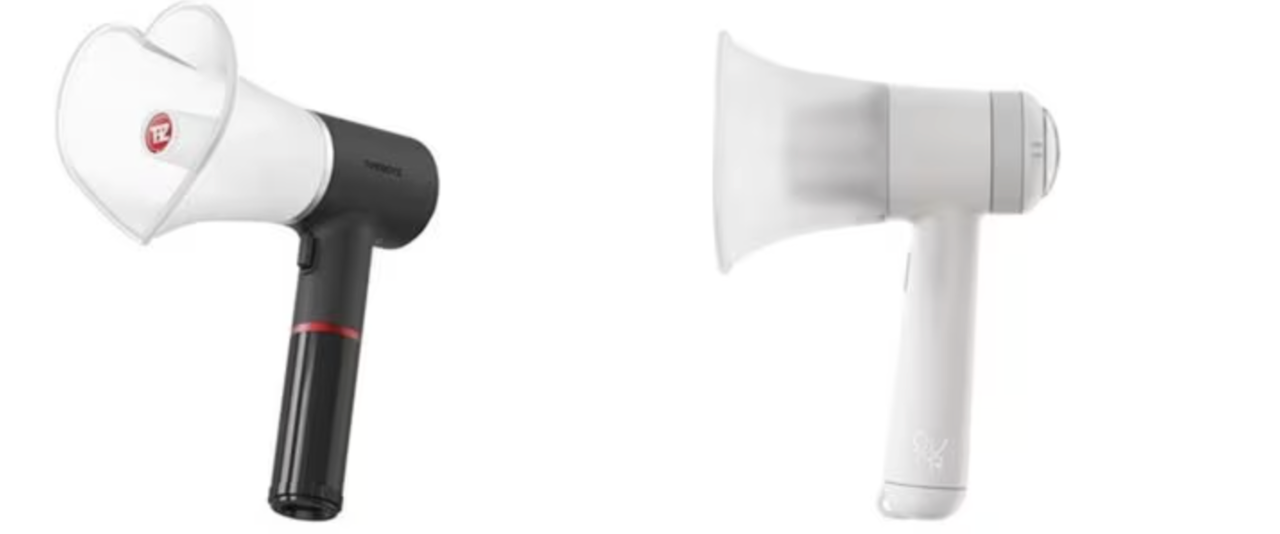 Light sticks of The Boyz (left) and QWER, which have similar megaphone designs (Screen capture from X)