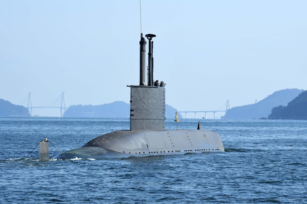 The Jang Bogo-class submarine departs Jinhae Naval Base in Changwon, South Gyeongsang Province, for its final operation on Nov. 19. (South Korean Navy)