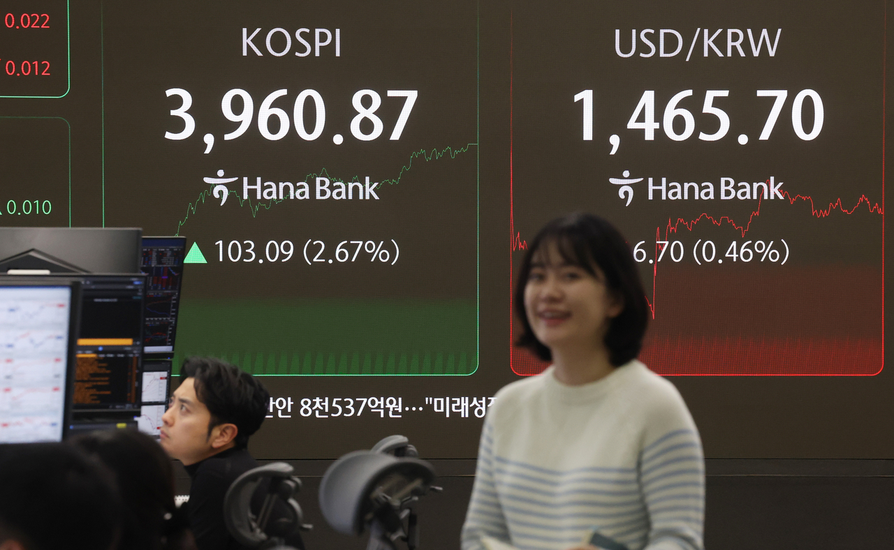 An electronic board showing the Korea Composite Stock Price Index at a dealing room of the Hana Bank headquarters in Seoul on Wednesday. (Yonhap)