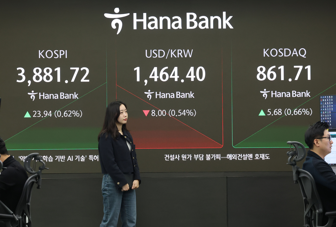 An electronic board showing the Korea Composite Stock Price Index at a dealing room of the Hana Bank headquarters in Seoul on Wednesday. (Yonhap)