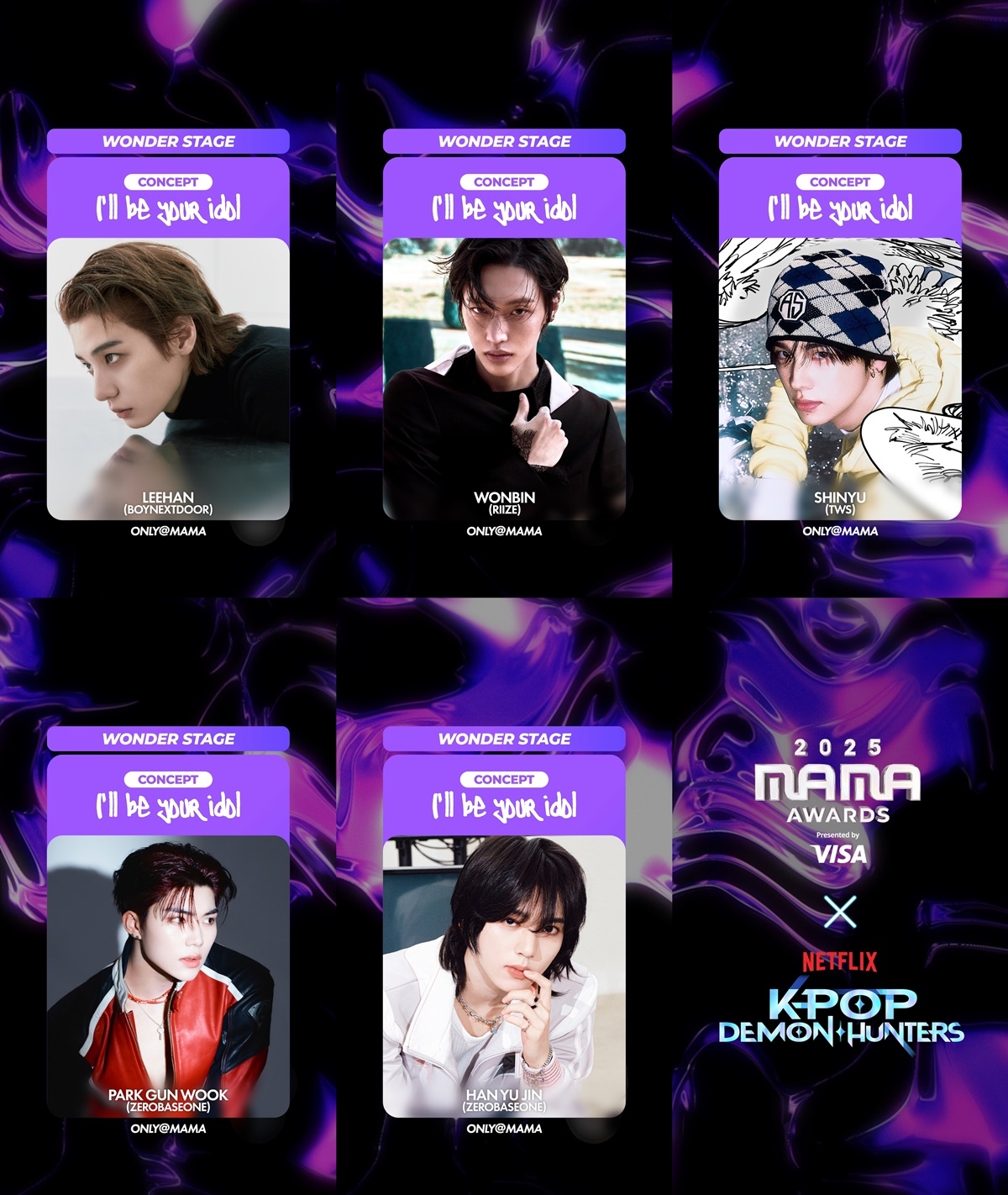 Clockwise from left: Lee Han of BoyNextDoor, Riize's Wonbin, TWS' Shinyu, Zerobaseone's  Han Yu-jin and Park Gun-wook to perform as Saja Boys at the 2025 MAMAs (CJ ENM)