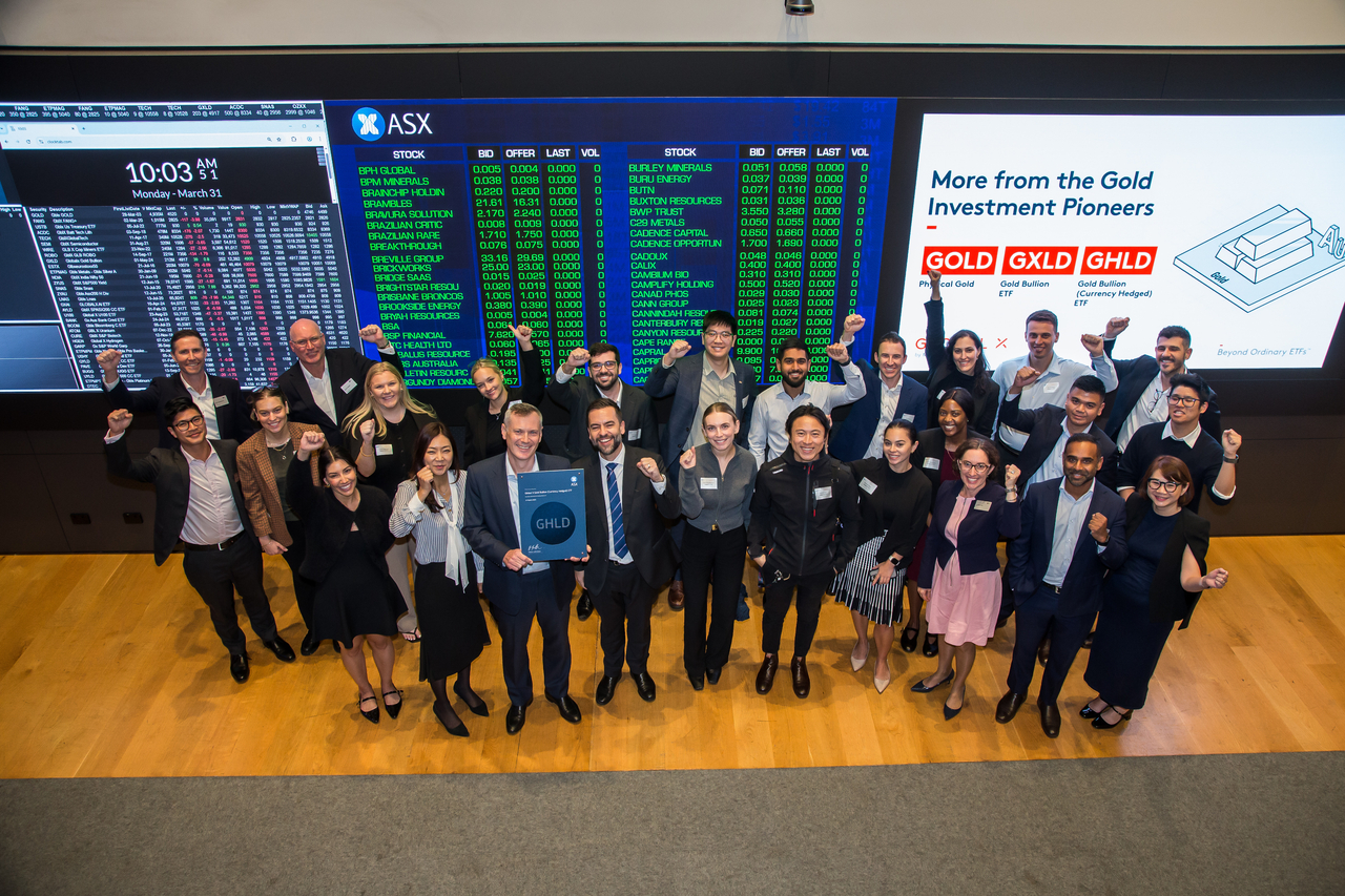 Global X Australia CEO Alex Zaika (front row, third from left) and other officials pose for a photo during the opening bell ceremony commemorating the listing of Global X Gold Bullion Currency Hedged ETF at the Australian Securities Exchange in March. (Mirae Asset Global Investments)