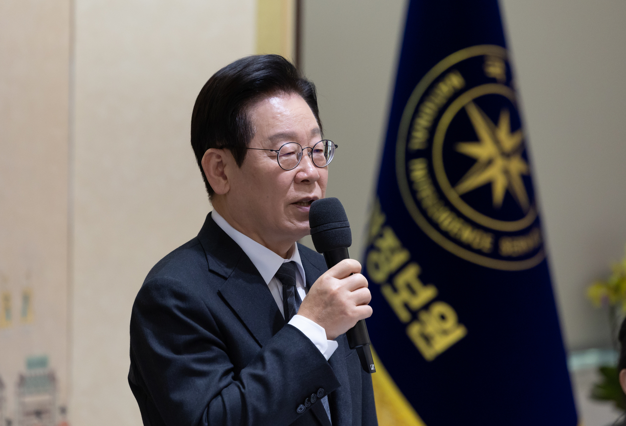 President Lee Jae Myung speaks during his first visit to the National Intelligence Service in Seoul on Friday. (Presidential office via Yonhap)