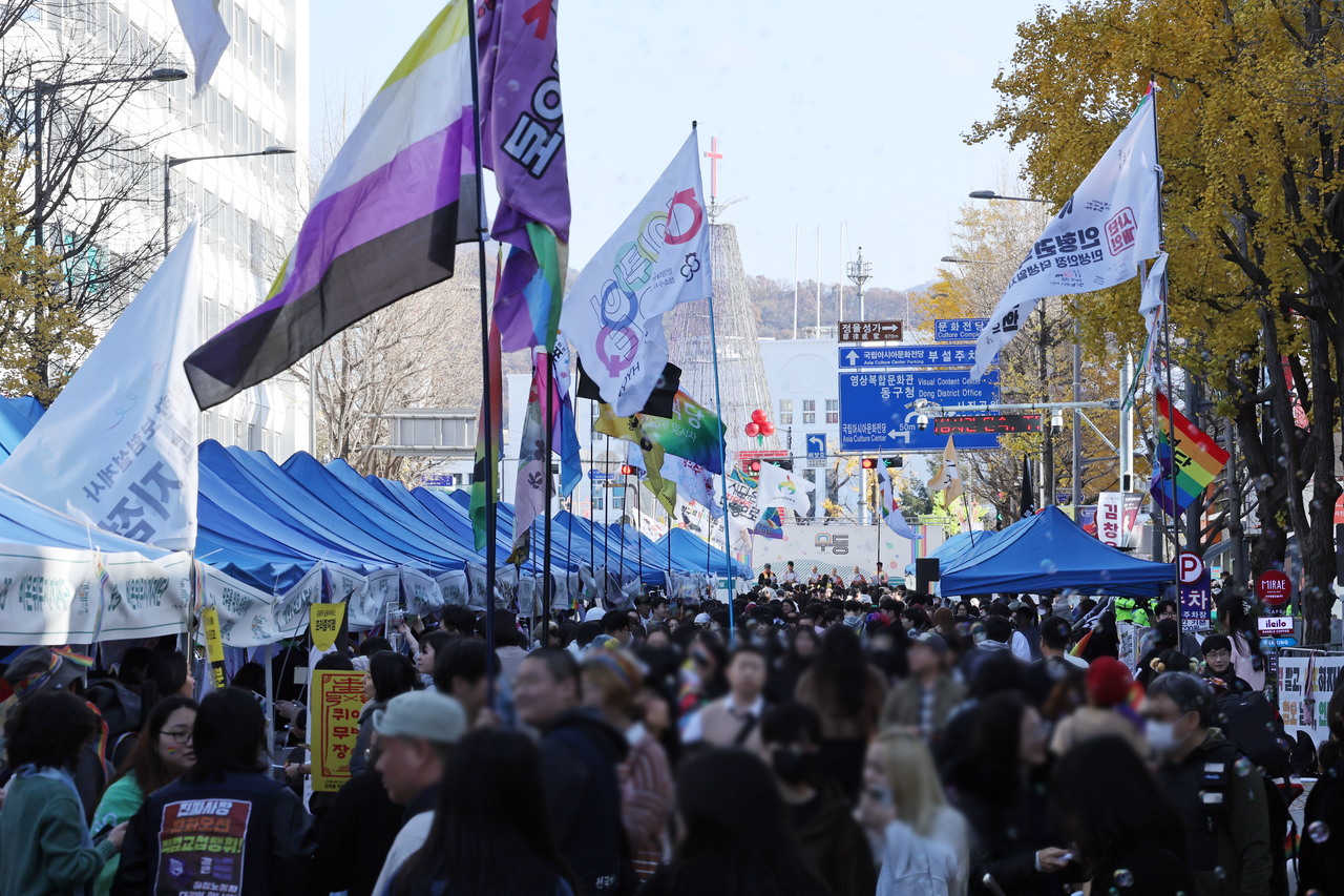 The Gwangju Queer Culture Festival takes place along Geumnam-ro in Dong-gu, Gwangju, on Saturday. (Yonhap)
