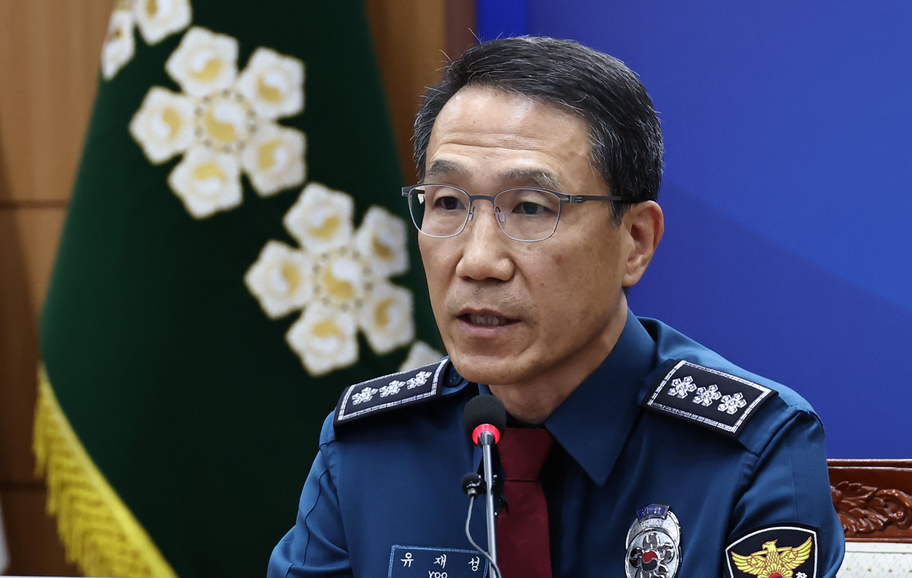 Acting National Police Agency Commissioner Yoo Jae-seong presides over a nationwide video conference of police leadership at the National Police Agency in Seodaemun-gu, Seoul, on the Monday. On this day, Acting Commissioner Yoo issued a public apology for the police’s actions in restricting access to the National Assembly during the December 3 , 2024 martial-law emergency.  (Yonhap)