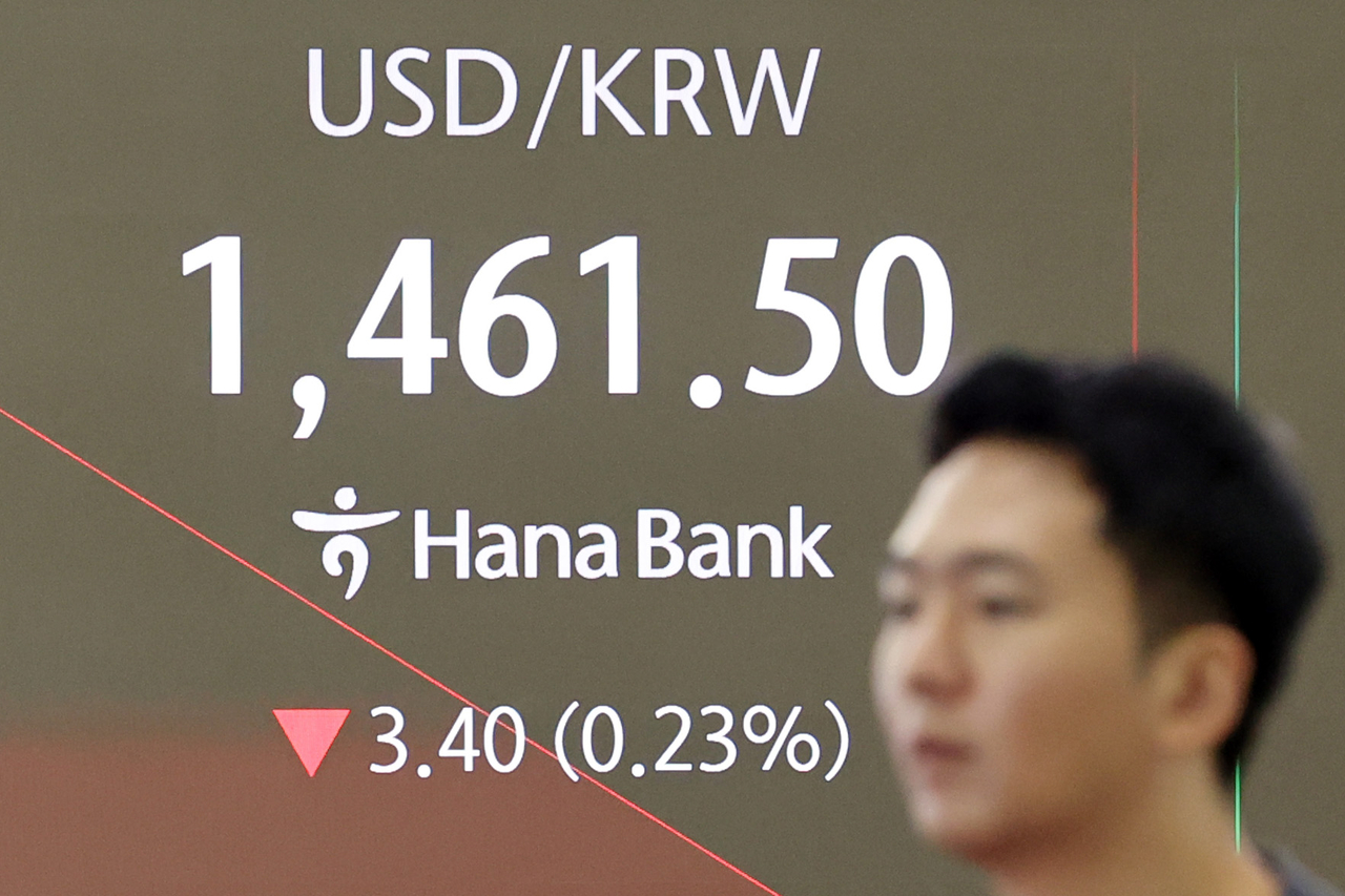 A board at a Hana Bank dealing room in central Seoul shows the won trading at 1,461.5 per US dollar on Friday. (Yonhap)