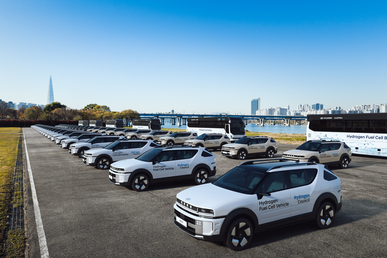 This photo, provided by Hyundai Motor Group, shows a fleet of hydrogen-powered vehicles produced by the South Korean automotive group. (Yonhap)
