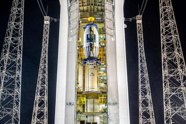 This photo, provided by Arianespace on Monday, shows the Vega-C rocket with the Arirang 7 satellite at the Guiana Space Centre in French Guiana. (Yonhap)