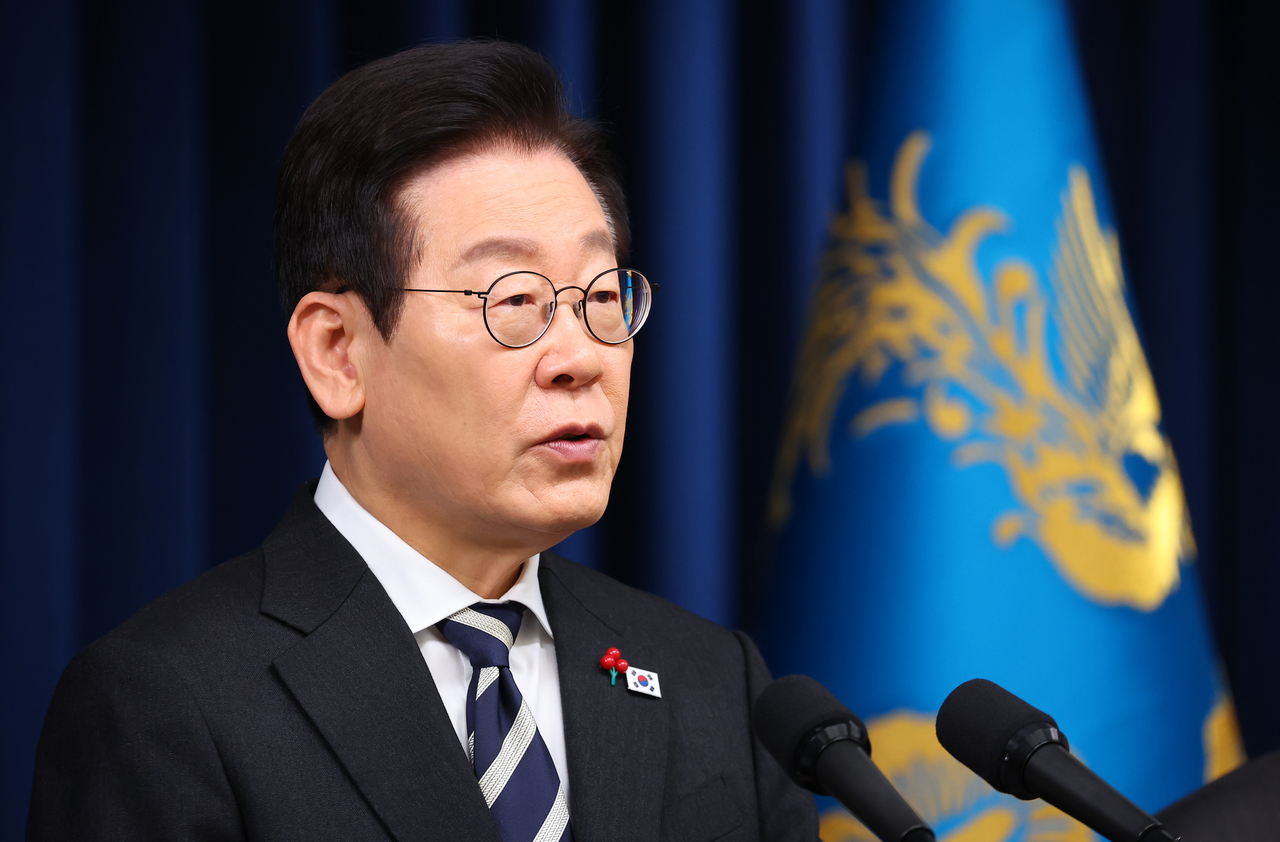 President Lee Jae Myung addresses the nation in a special speech marking the one-year anniversary of the Dec. 3 martial law crisis at the presidential office in Yongsan-gu, Seoul, Wednesday. (Yonhap)