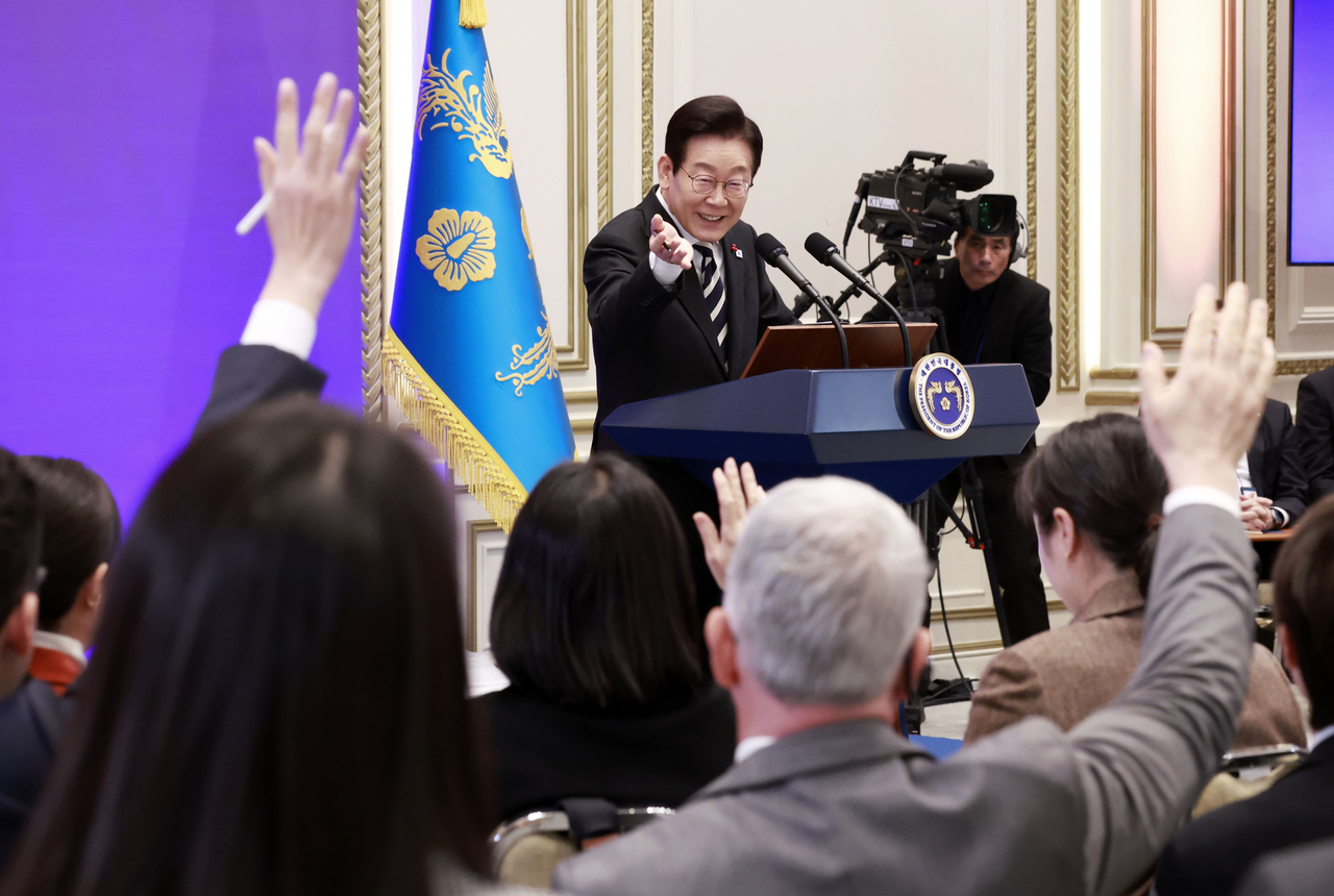 President Lee Jae Myung is seen during the news conference with foreign media held at Cheong Wa Dae in Seoul on Wednesday. (Pool photo via Yonhap)