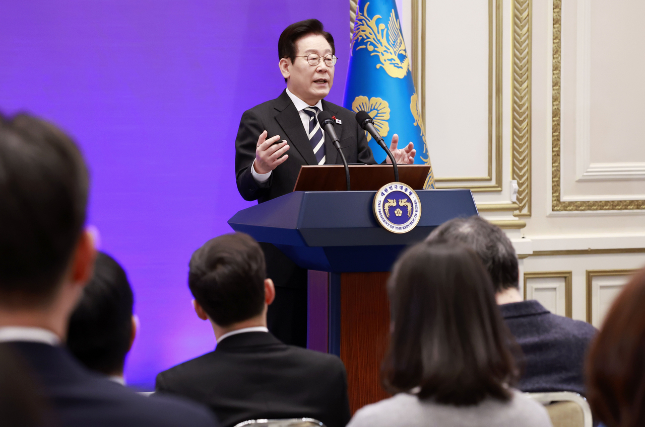President Lee Jae Myung attends a press conference with foreign media at the former presidential office, Cheong Wa Dae, in Seoul on Wednesday, to mark the one-year anniversary of the Dec. 3 martial law crisis. (Yonhap)