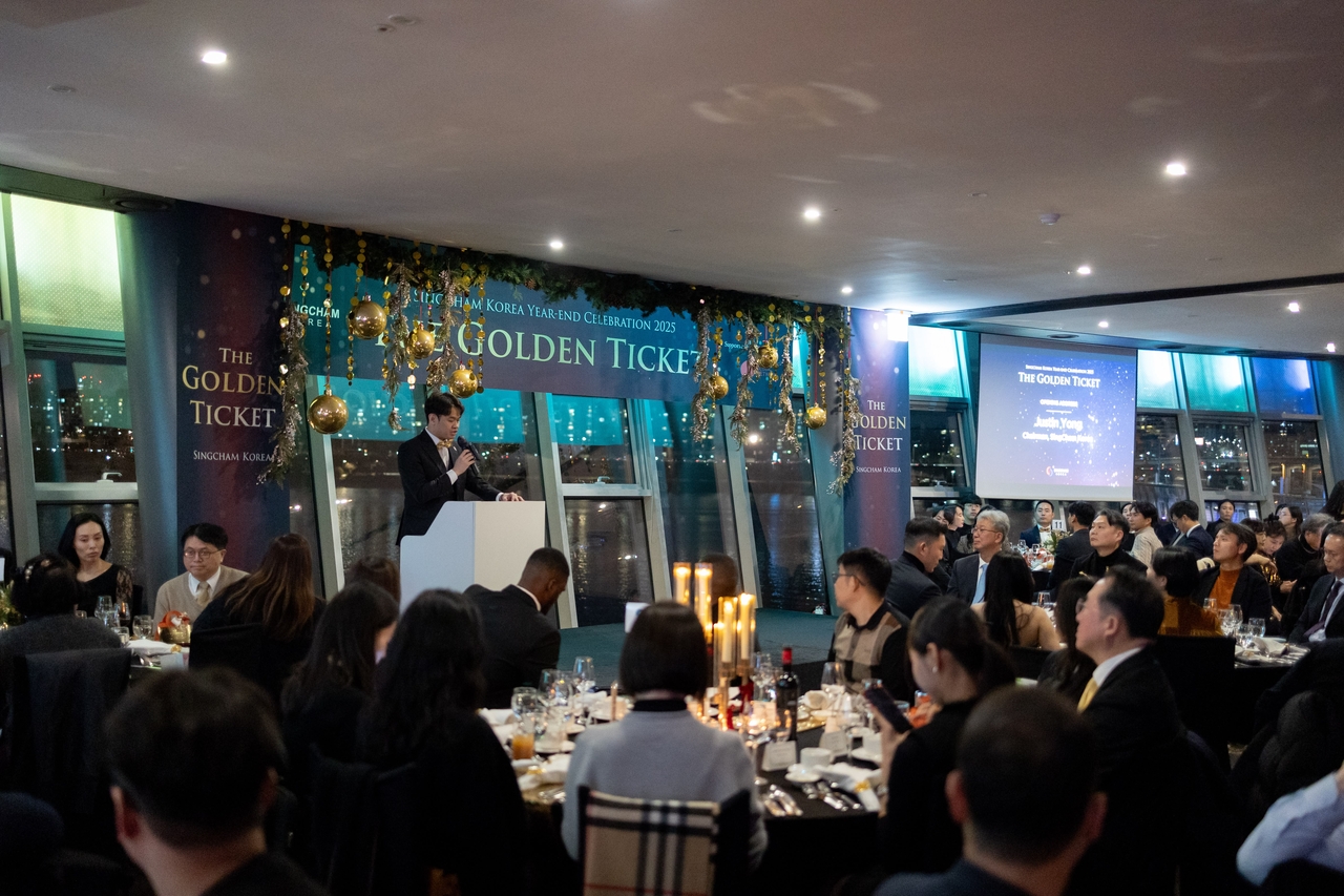 Justin Yong, chairman and founder of SingCham Korea, delivers opening remarks at the chamber’s 2025 year‑end gala on Friday, celebrating 50 years of Singapore–South Korea diplomatic ties at the Floating Island in Seoul. (Singapore Chamber of Commerce in Korea)