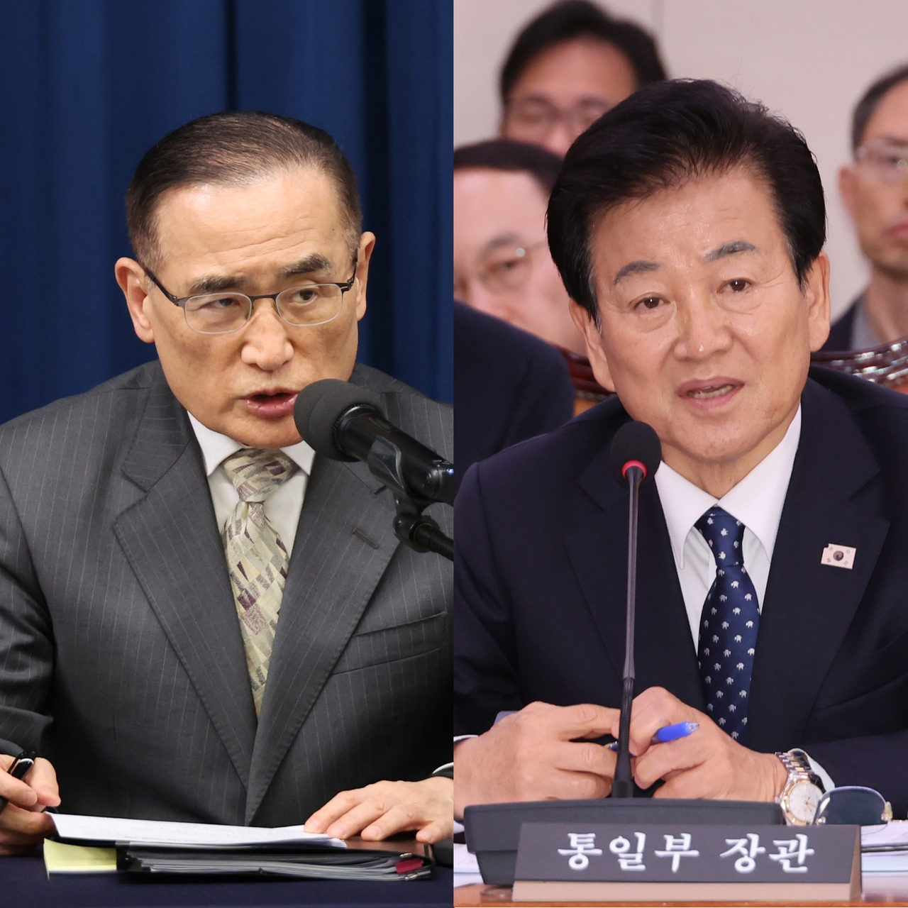 National security adviser Wi Sung-lac (left) speaks at a news conference on President Lee Jae Myung's overseas trips at the presidential office in Yongsan, Seoul, on Nov. 14. Unification Minister Chung Dong-young (right) answers a question during the session of the National Assembly's Foreign Affairs and Unification Committee on Nov. 28 at the Assembly in western Seoul. (Yonhap, combined by The Korea Herald)