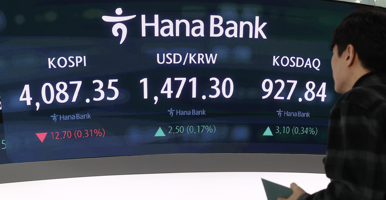 An electronic board showing the Korea Composite Stock Price Index at a dealing room of the Hana Bank headquarters in Seoul on Monday. (Yonhap)