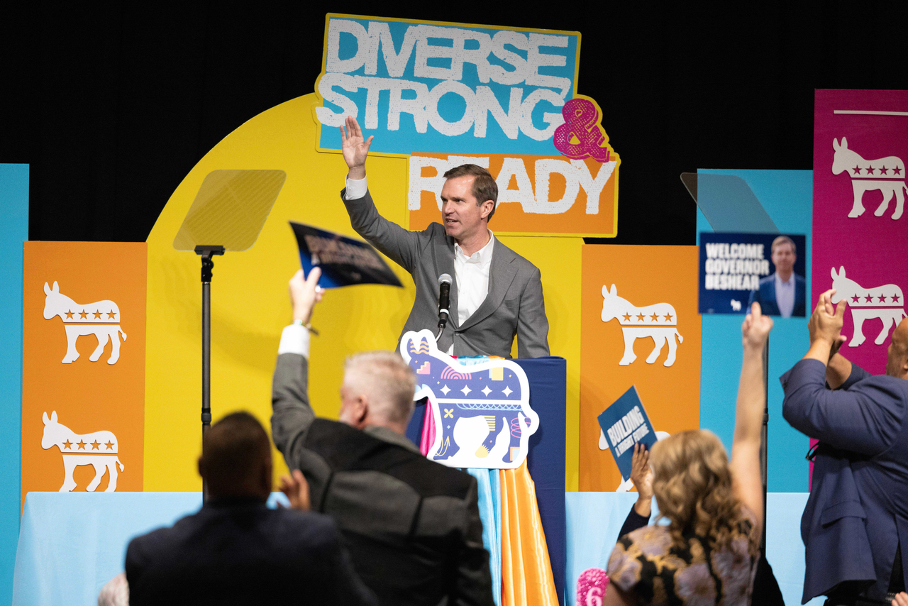 Kentucky Gov. Andy Beshear gestures at an event in Omaha, Nebraska in November. (AP-Yonhap)