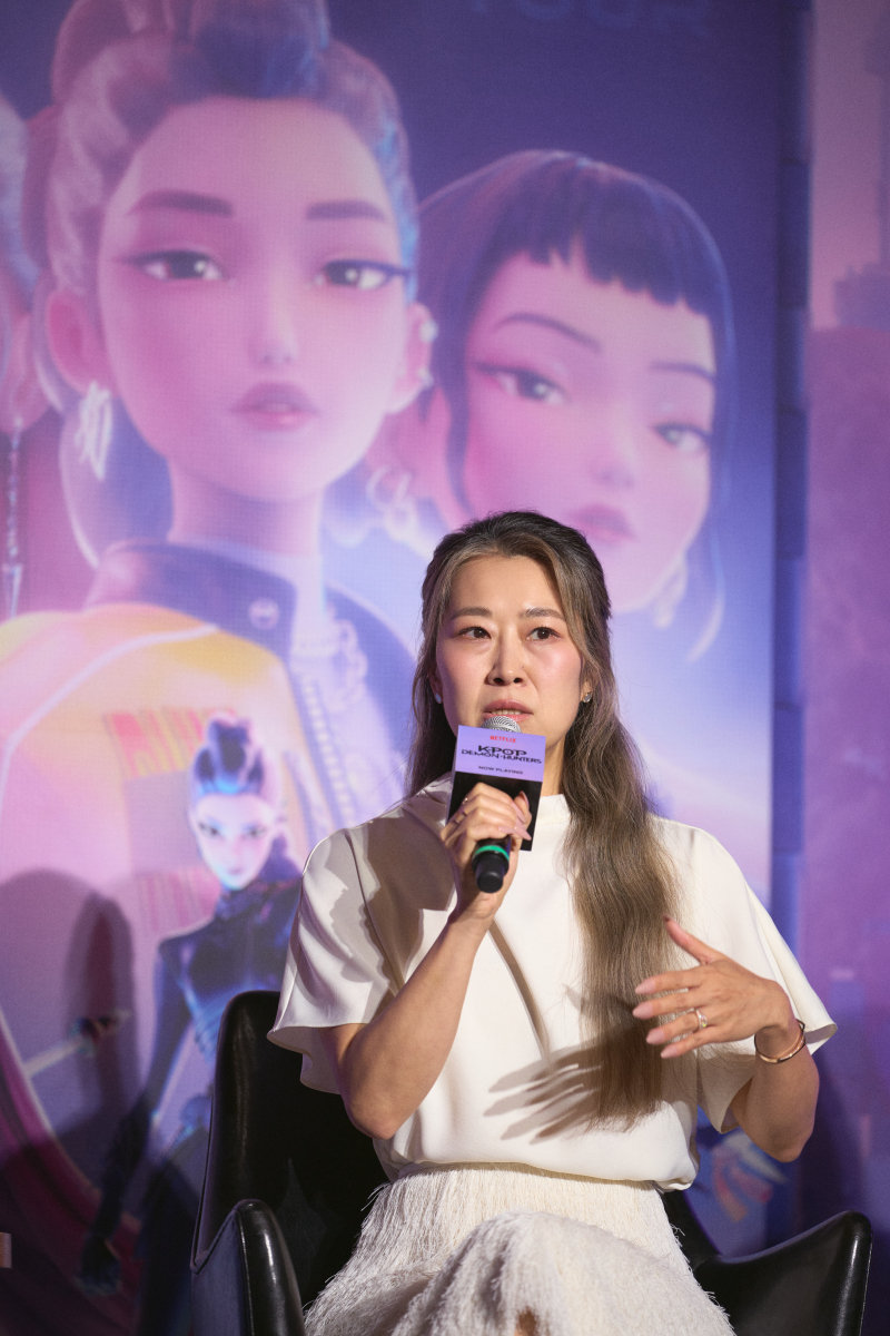 Maggie Kang speaks at CGV Yongsan in Seoul on Friday. (Netflix)