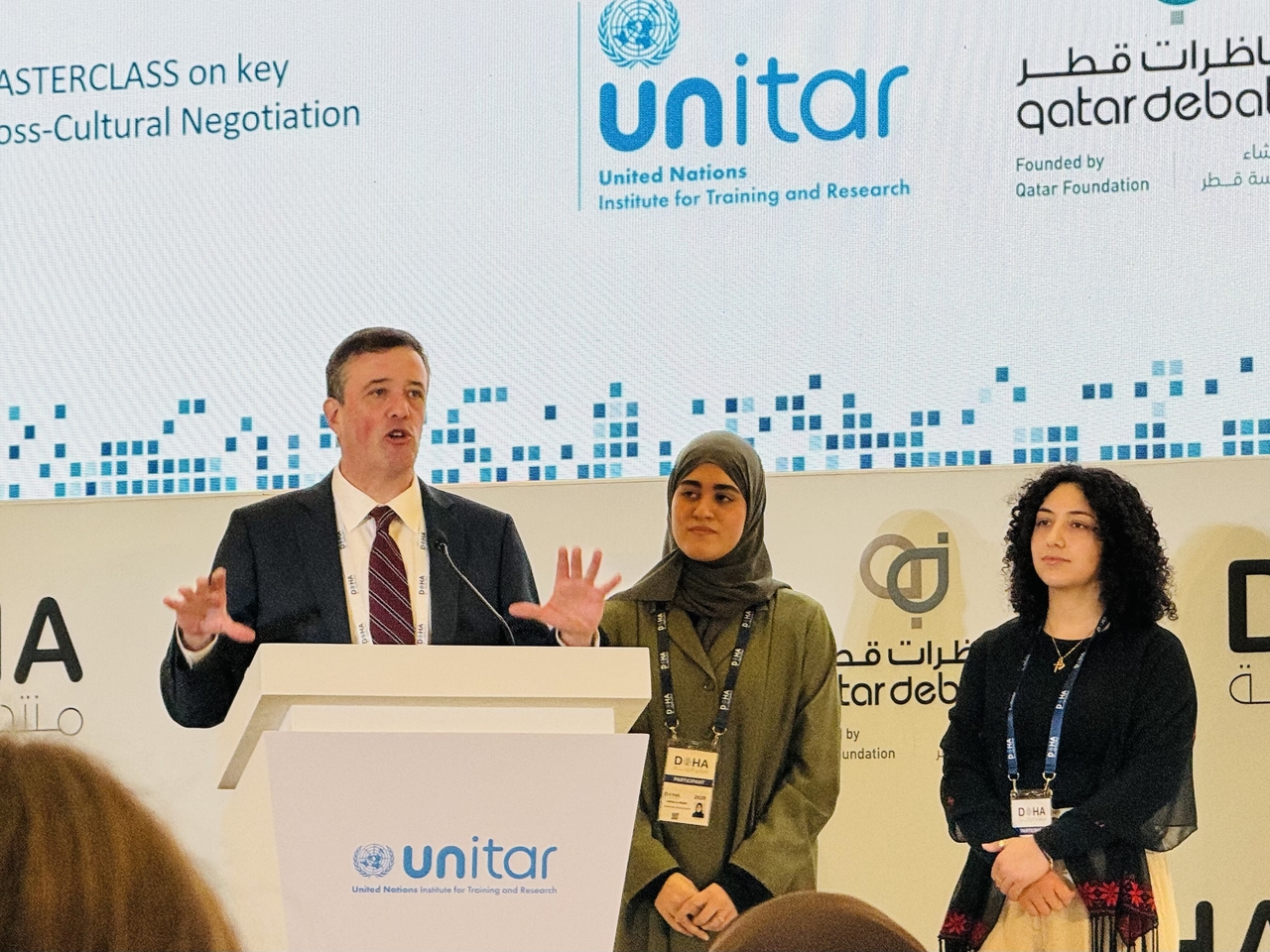 Nick Coburn-Palo (left), Preceptor in Public Speaking talks at a session titled "Masterclass on Key Cross-Cultural Negotiation Skills" organized by United Nations Institute for Training and Research and Qatar Debate at the 23rd edition of the Doha Forum. (Sanjay Kumar /The Korea Herald)