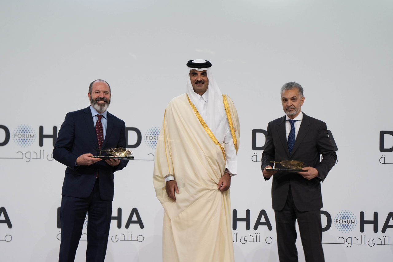 Amir Sheikh Tamim bin Hamad Al Thani (center) , emir of the State of Qatar, attends the opening of the 23rd edition of the Doha Forum on Saturday. (Amiri Diwan /State of Qatar)