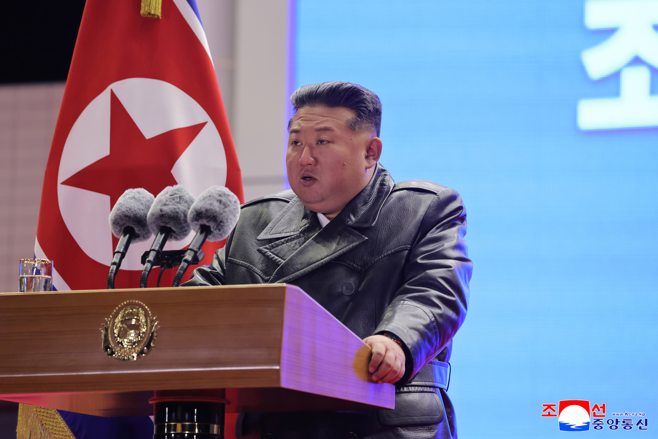 Kim Jong-un, Chairman of the State Affairs Commission, is delivering a speech after attending the ceremony commemorating the 80th anniversary of the founding of the North Korean Air Force on Nov. 30. (Yonhap)