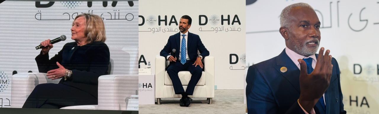 From left: former US Secretary of State Hillary Clinton, Donald Trump Jr., the eldest son of US President Donald Trump and Nigerian Foreign Minister Yusuf Maitama Tuggar attend the 23rd Doha Forum in Doha, Qatar. (Sanjay Kumar/The Korea Herald)