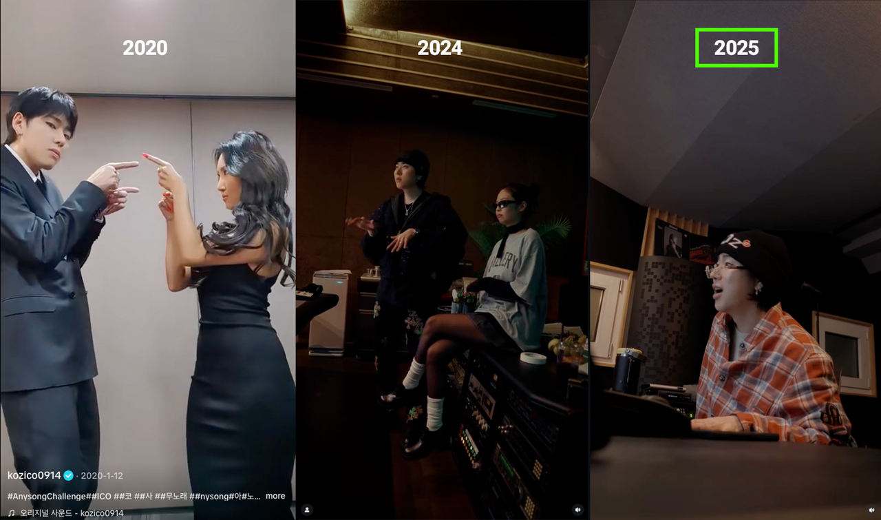 This photo set shows Zico’s creative approaches to promoting releases, including the 2020 “Any Song" challenge (left) and 2024's “Spot!” teaser (center). On Tuesday, he posted another sneak peek across his social media accounts. (TikTok/Instagram @kozico0914, @woozico0914)