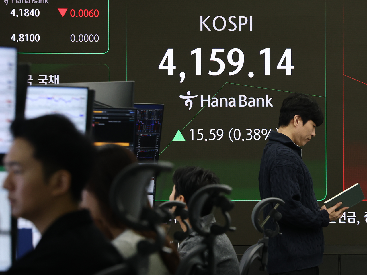 An electronic board showing the Korea Composite Stock Price Index at a dealing room of the Hana Bank headquarters in Seoul on Wednesday. (Yonhap)