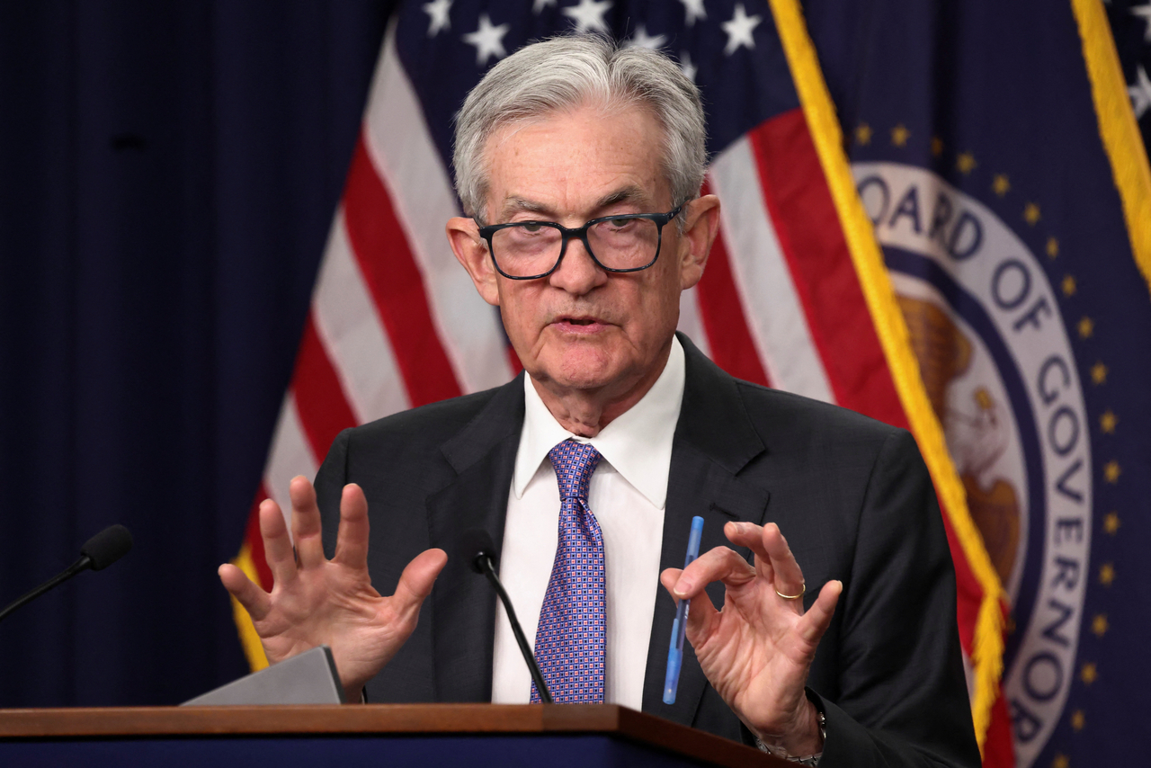 Fed Chairman Jerome Powell speaks at a news conference at the Federal Reserve Board Building in Washington on Wednesday. (Reuters-Yonhap)