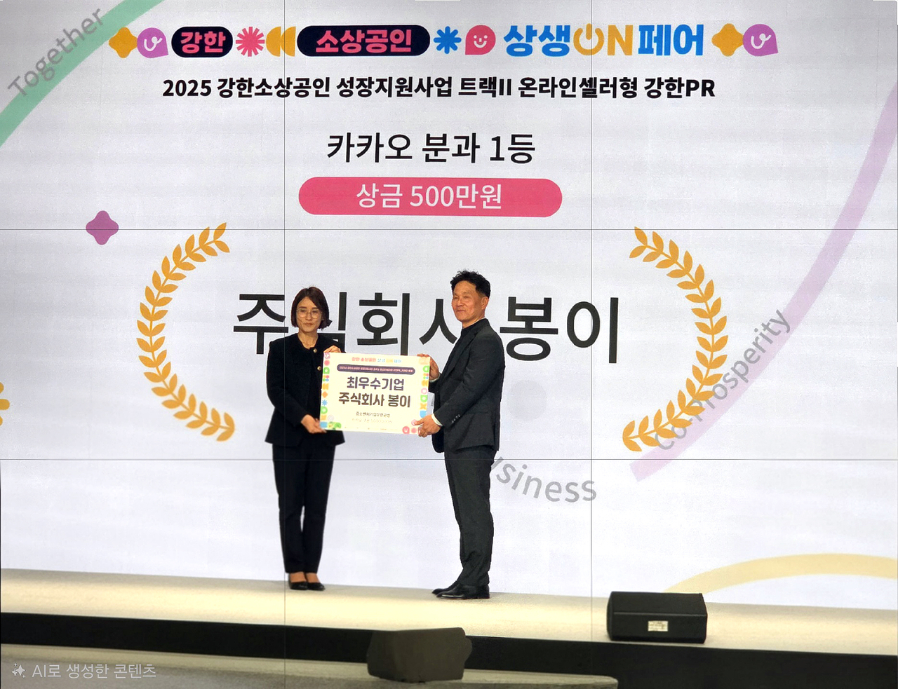 구자문 ㈜봉이 대표이사(오른쪽)가 지난 10일 2025 카카오비즈니스어워즈에서 ‘최우수상’을 수상하고 있다.[㈜봉이 제공]