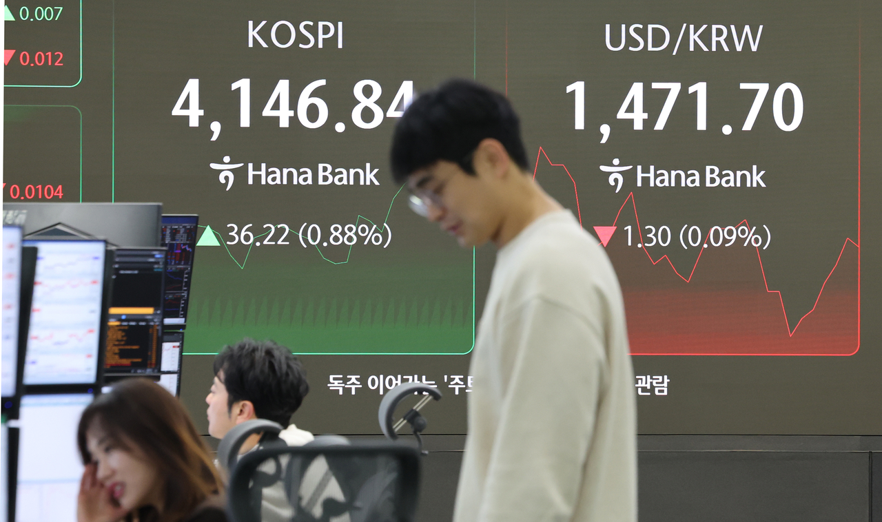 An electronic board at Hana Bank's dealing room shows the Kospi standing at 4,146.84 and the Korean won quoted at 1,471.7 per dollar, shortly after the opening bell on Friday. (Yonhap)