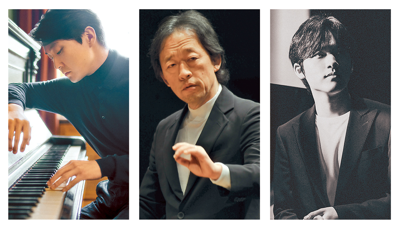 (From left) Pianist Cho Seong-jin, conductor Chung Myung-whun and pianist Lim Yunchan (Lotte Concert Hall)