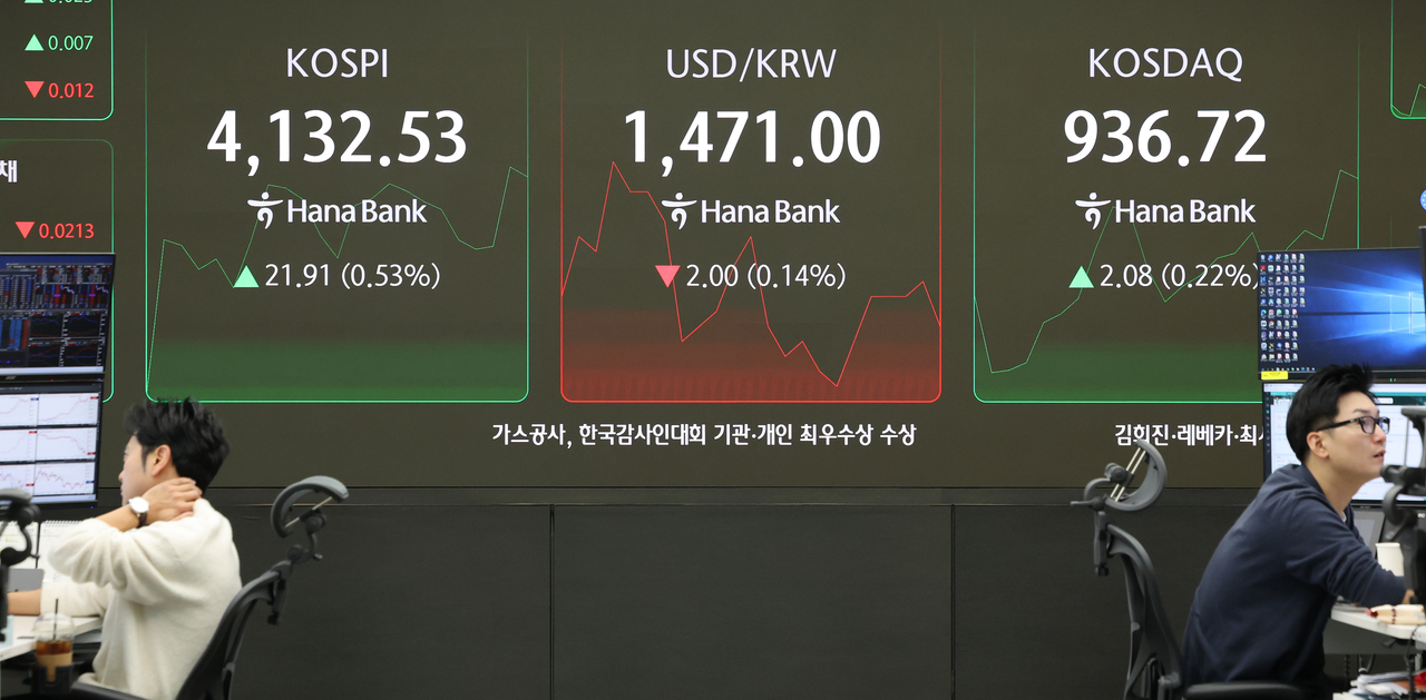 This photo shows the dealing room of Hana Bank in Seoul, on Friday. (Yonhap)