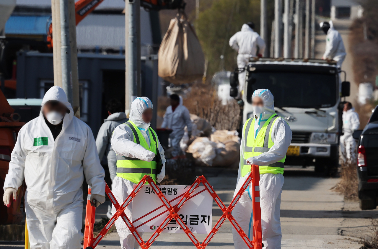 This photo shows authorities blocking entry to a poultry farm in Pyeongtaek, Gyeonggi Province, after reports of a highly pathogenic avian influenza outbreak on Dec. 1. (Yonhap)