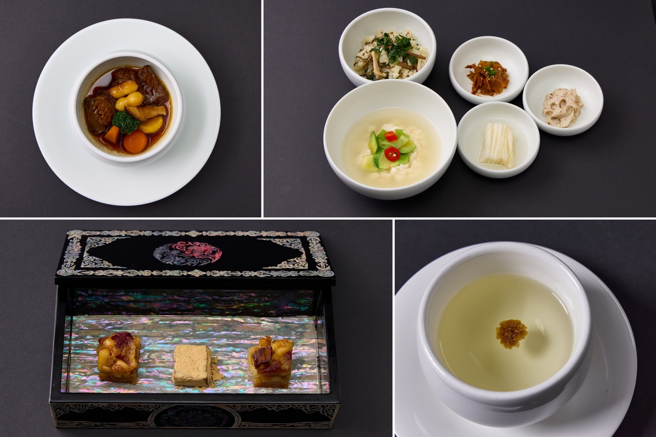 Clockwise from top left, braised Gyeongju Millennium Hanwoo galbijjim with Wando abalone and snowman-shaped rice cake, gondalbi bibimbap with sundubu soup served with three kinds of side dishes, Jirisan chrysanthemum flower tea and bite-size desserts served in mother-of-pearl box (Presidential Office)