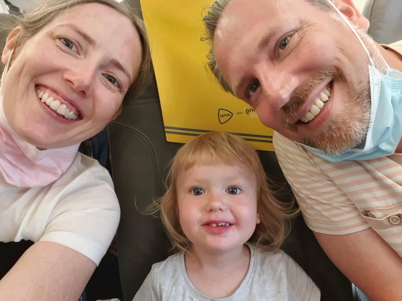 Inger Winther Johannsen (left) takes a family selfie on an airplane on the way to Seoul in 2022. (Inger Winther Johannsen)