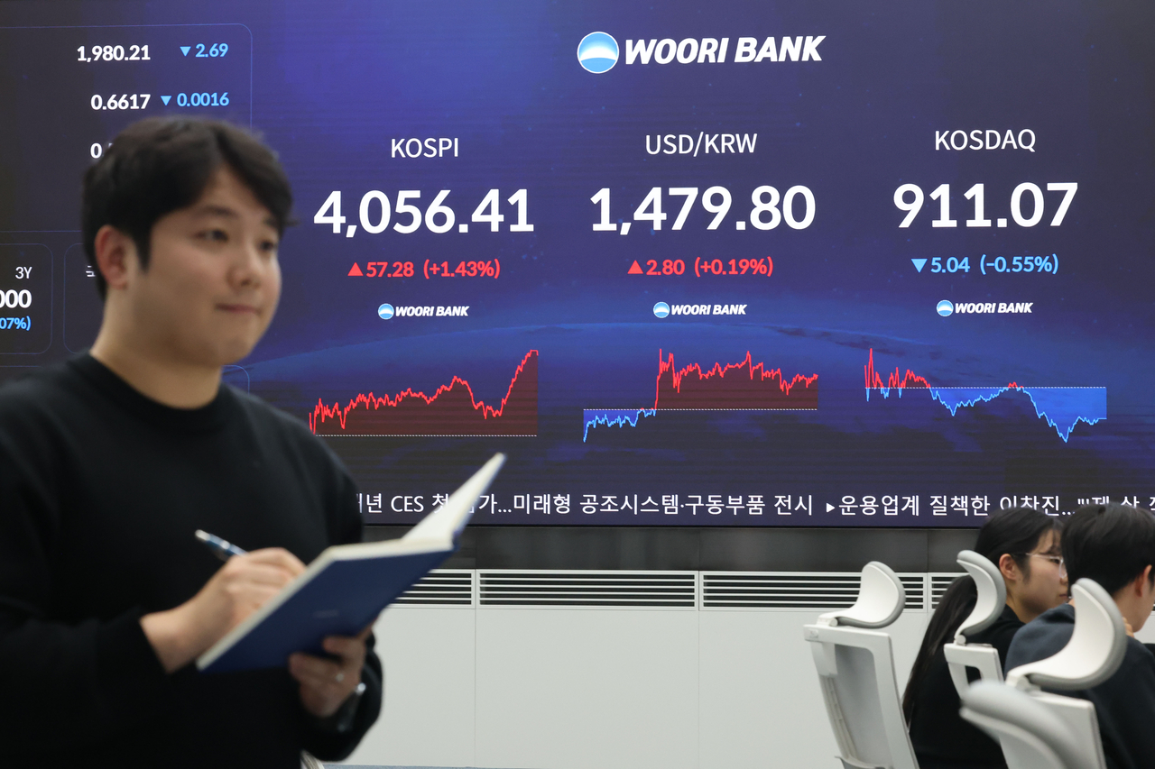 An electronic board showing the Korea Composite Stock Price Index at a dealing room of the Hana Bank headquarters in Seoul on Wednesday. (Yonhap)