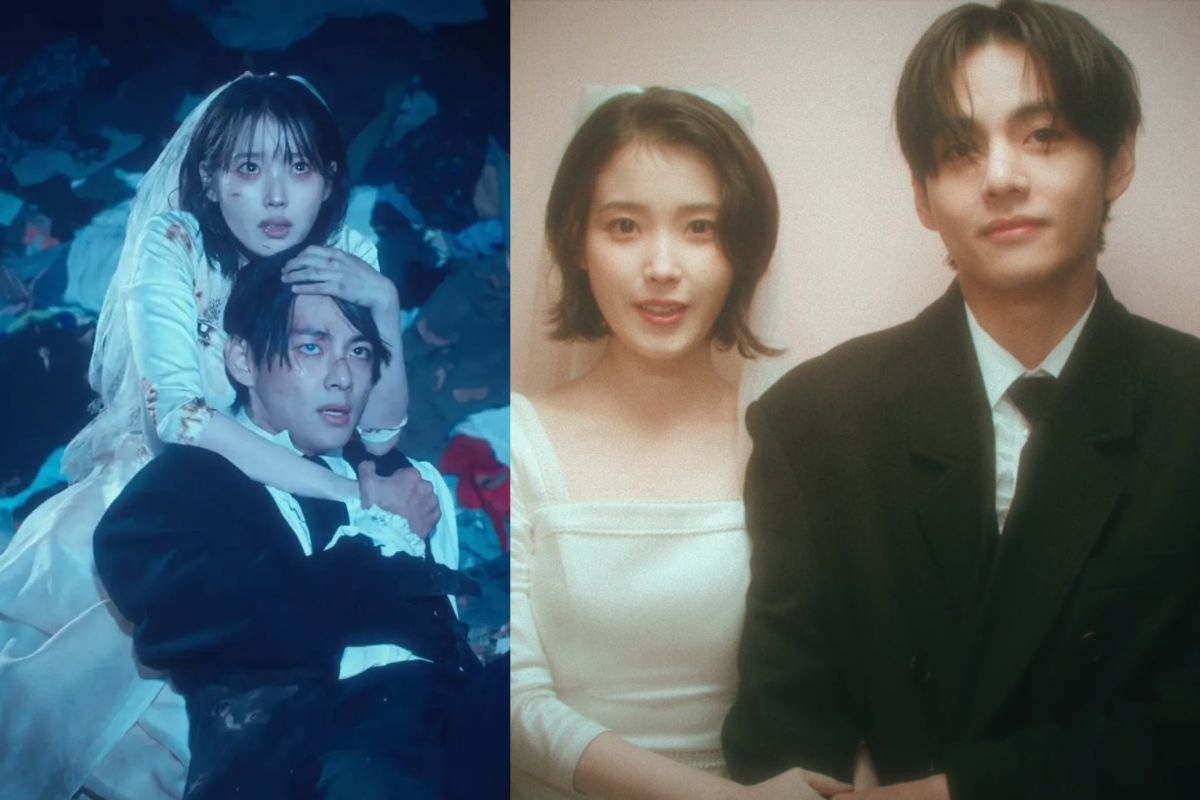 Singer-actor IU (left picture: top) and V from BTS in the "Love Wins All" music video (Edam Entertainment)