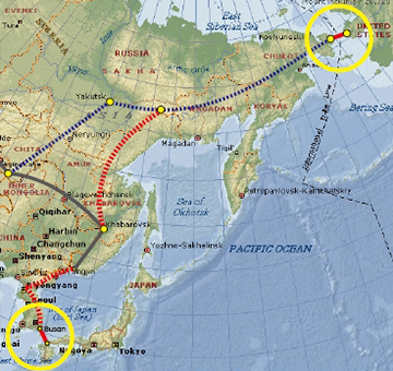 This map shows the proposed "International Peace Expressway Initiative." The Korea-Japan Undersea Tunnel is marked in the yellow circle on the bottom left corner. (International Peace Expressway Initiative)