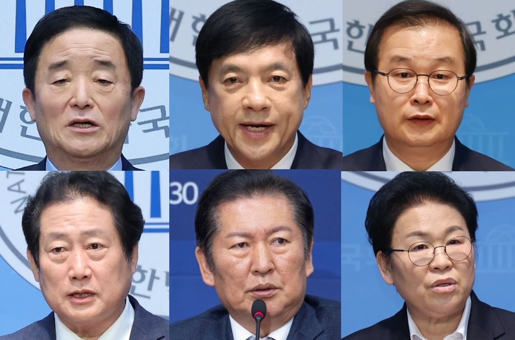 Democratic Party lawmakers Reps. Kang Deuk-gu (from top left, clockwise), Lee Sung-yoon, Lee Geon-tae, Moon Jeong-bog, Democratic Party leader Rep. Jung Chung-rae and Yu Dong-chul, runner-up in 2024 general election in Suyeong-gu, Busan. (Yonhap and Newsis)