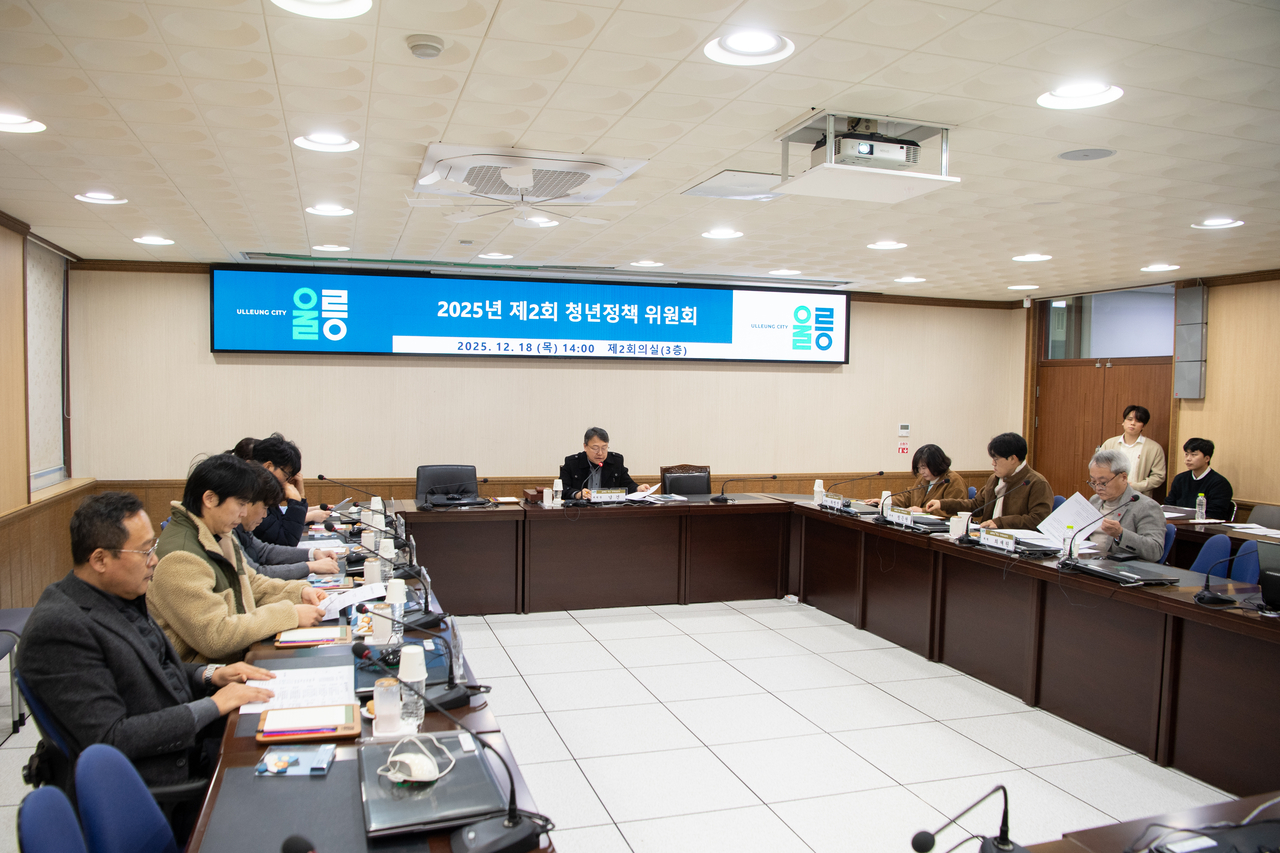 남건 울릉군 청년정책 위원장(울릉 부군수)이 지난18일 정책위원 8명이 참석한 가운데 ‘제1차 울릉군 청년정책 기본계획’을 심의하고 있다.[울릉군 제공]