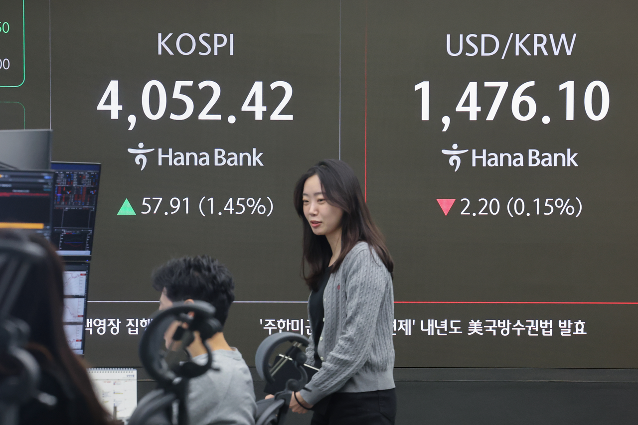 An electronic board showing the Korea Composite Stock Price Index at a dealing room of the Hana Bank headquarters in Seoul on Friday. (Yonhap)