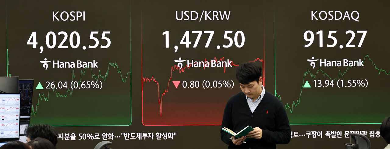 An electronic board showing the Korea Composite Stock Price Index at a dealing room of the Hana Bank headquarters in Seoul on Friday. (Yonhap)