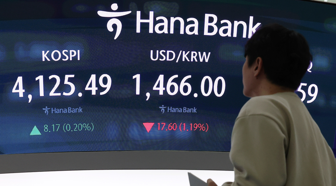 An electronic board showing the Korea Composite Stock Price Index at a dealing room of the Hana Bank headquarters in Seoul on Wednesday. (Yonhap)