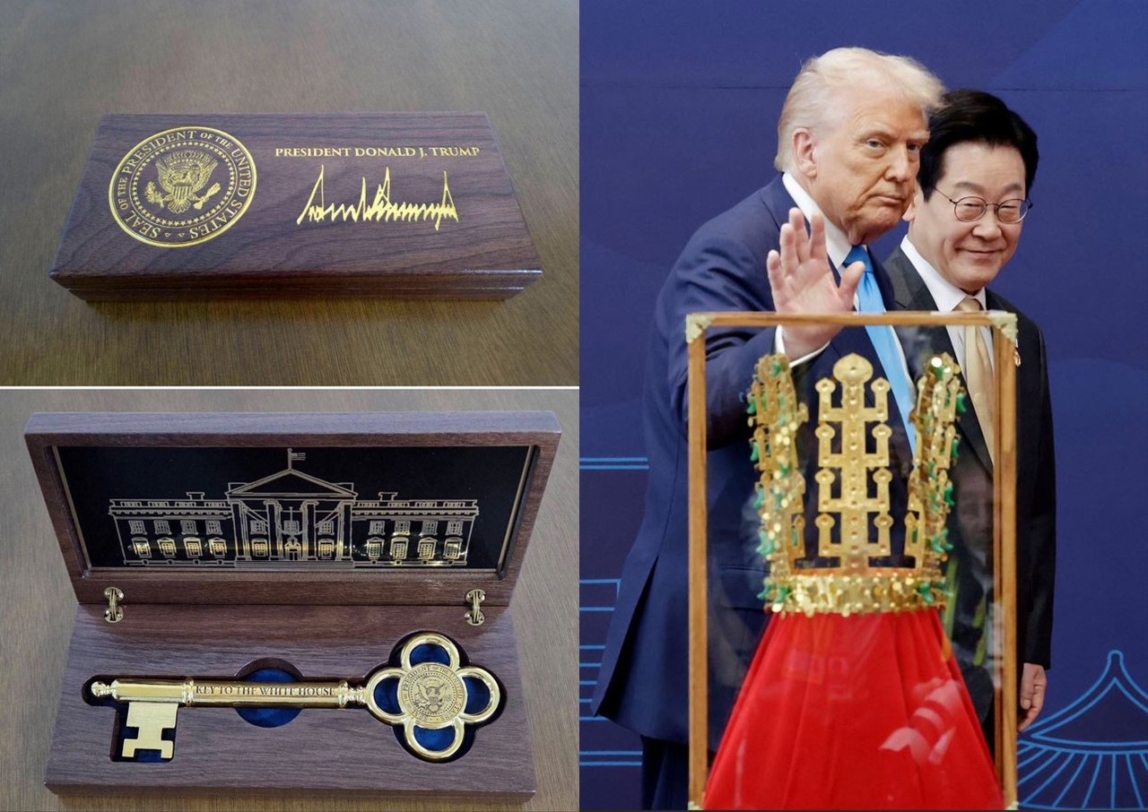 The photos on the left show US President Donald Trump's gift to President Lee Jae Myung, which was unveiled via presidential chief of staff Kang Hoon-sik's Facebook post on Wednesday, while the photo on the right shows Trump and Lee seen together behind a golden crown replica in Gyeongju, North Gyeongsang Province, on Oct. 29. (Courtesy of Kang Hoon-sik's Facebook, Newsus)