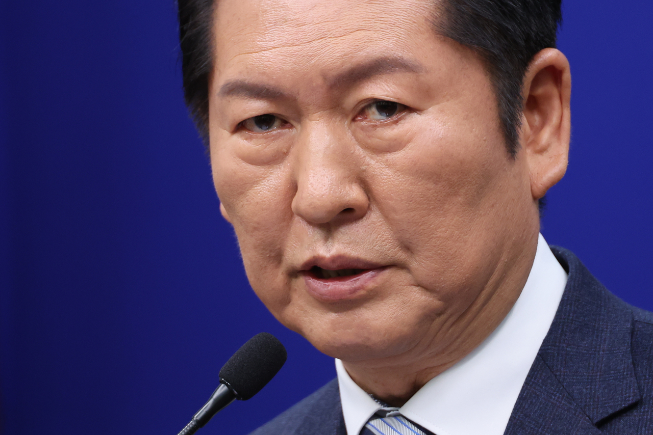 Rep. Jung Chung-rae, chair of the Democratic Party of Korea, speaks at a press conference held at the National Assembly in Seoul on Friday. (Yonhap)