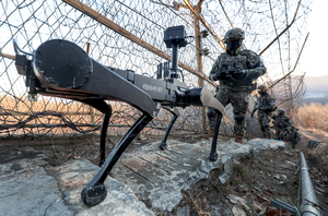 Multilegged walking robot stands guard