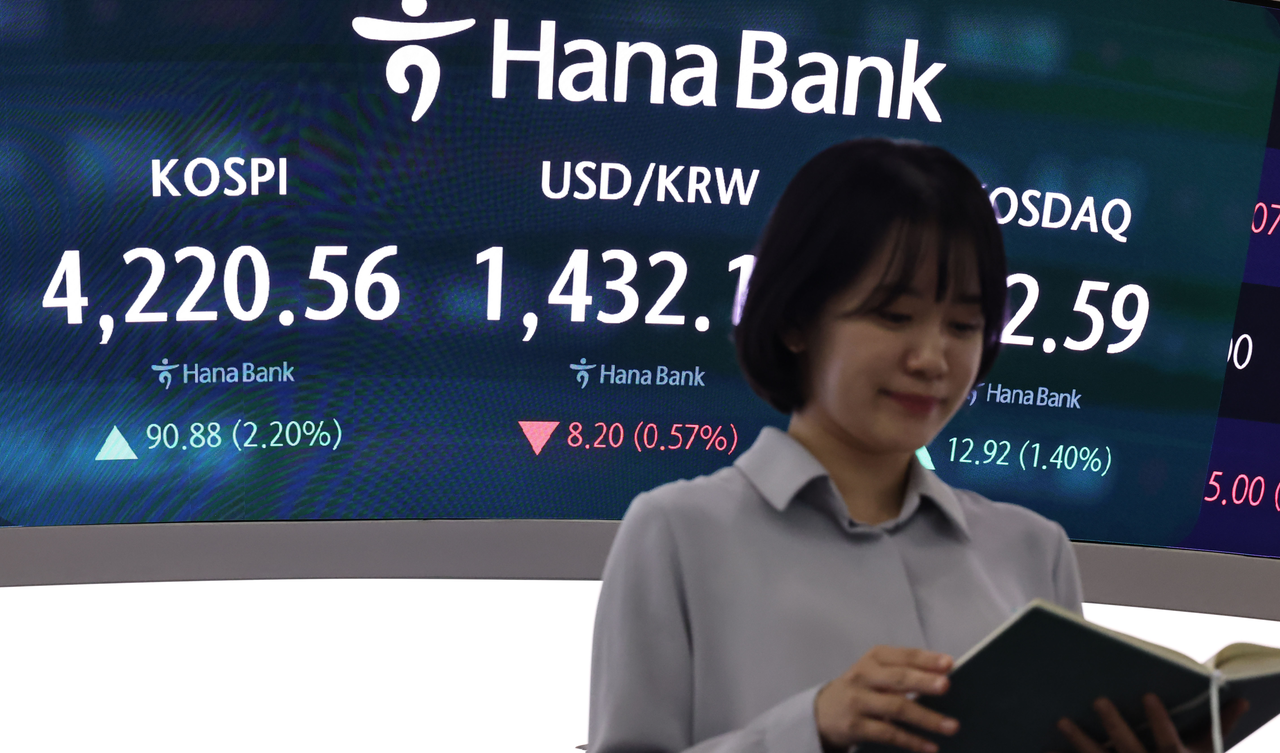 An electronic board showing the Korea Composite Stock Price Index at a dealing room of the Hana Bank headquarters in Seoul on Monday. (Yonhap)
