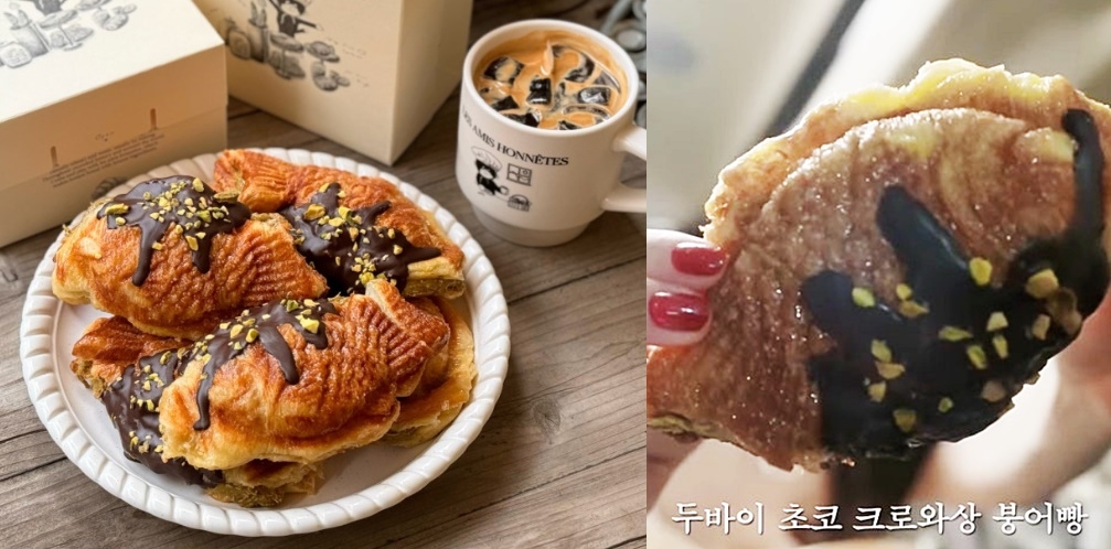 논현동 카페(왼쪽)에서 판매하는 두바이 초콜릿 붕어빵 [네이버쇼핑, 유튜브 캡처]
