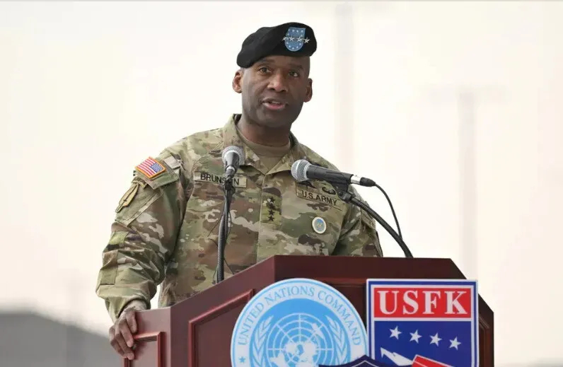 Gen. Xavier Brunson, commander of US Forces Korea, the United Nations Command and the South Korea–US Combined Forces Command, speaks at a change-of-command ceremony at Camp Humphreys in Pyeongtaek, South Korea, on Dec. 20, 2024. (EPA-Yonhap)