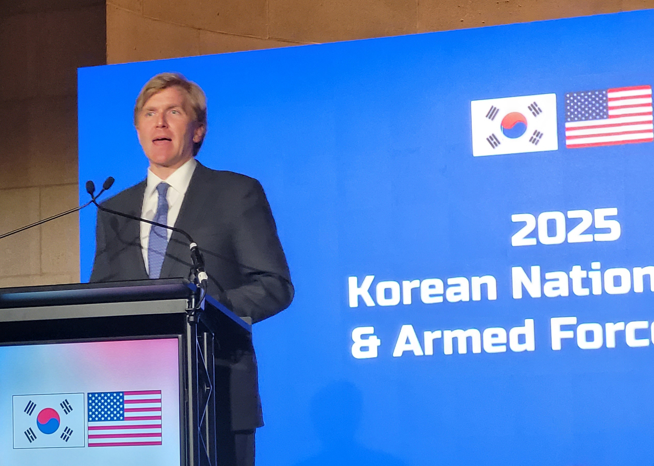 This Nov. 15, 2025, file photo shows Under Secretary of Defense for Policy Elbridge Colby delivering a speech in Washington. (Yonhap)