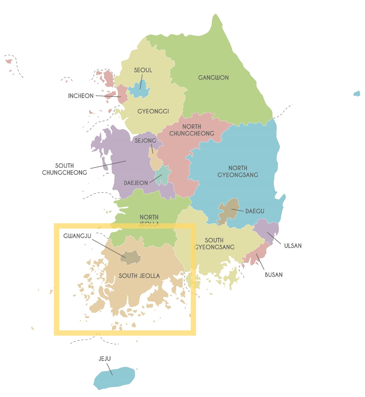 Map of South Korea, with Gwangju and South Jeolla Province indicated in the yellow square (Getty Images Bank)